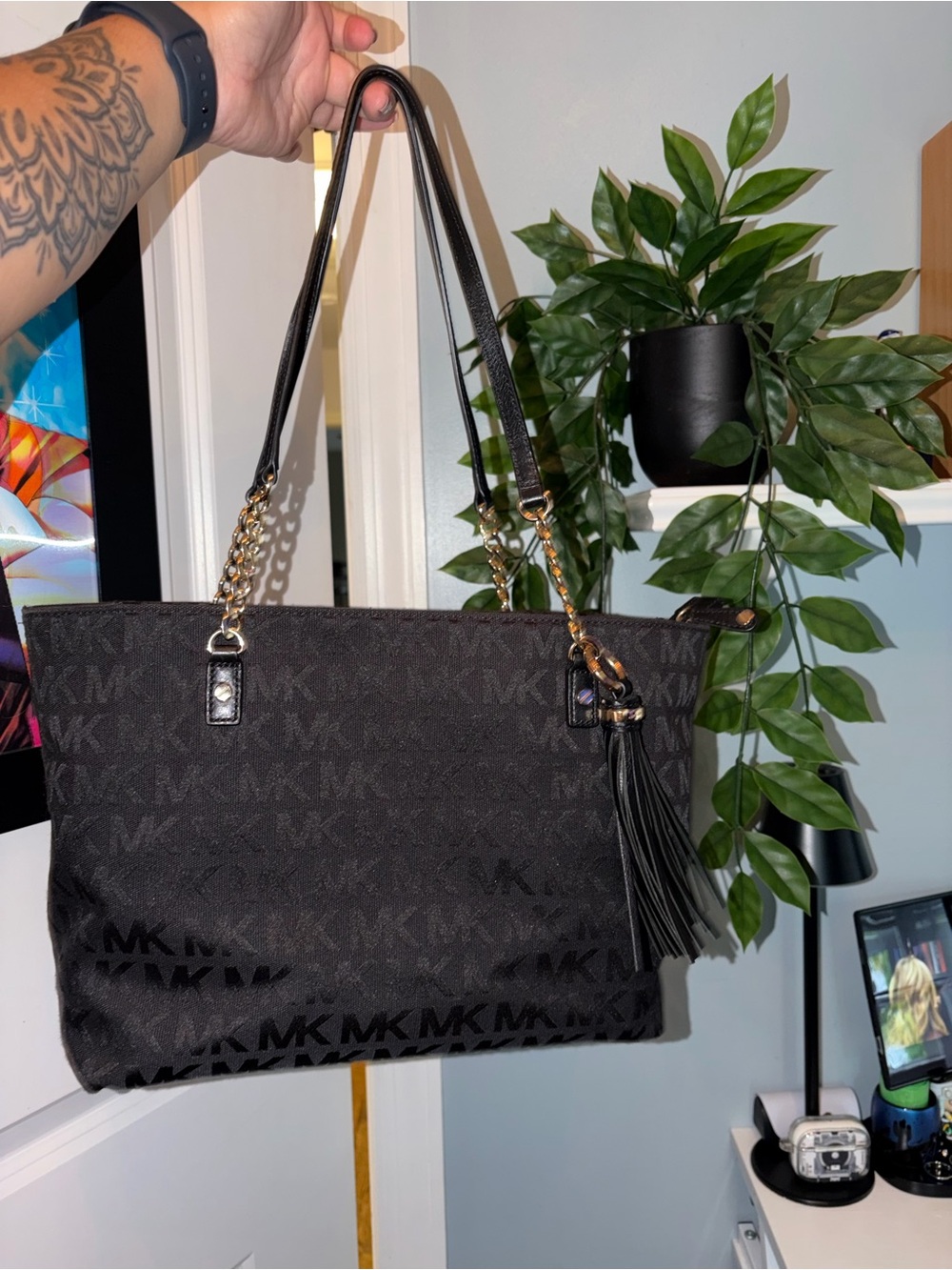 Michael Kors Black Signature MK Jacquard Tote with Tassel